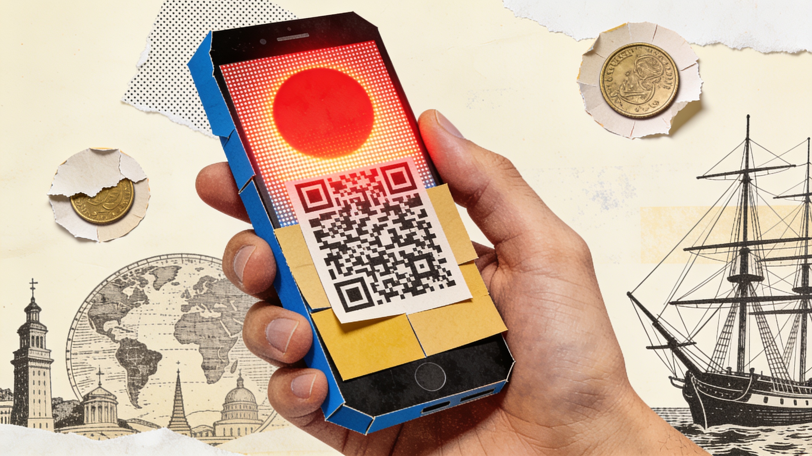 Collage of a cut-paper hand holding a phone beneath a QR-code sun, engraved monuments and ships below
